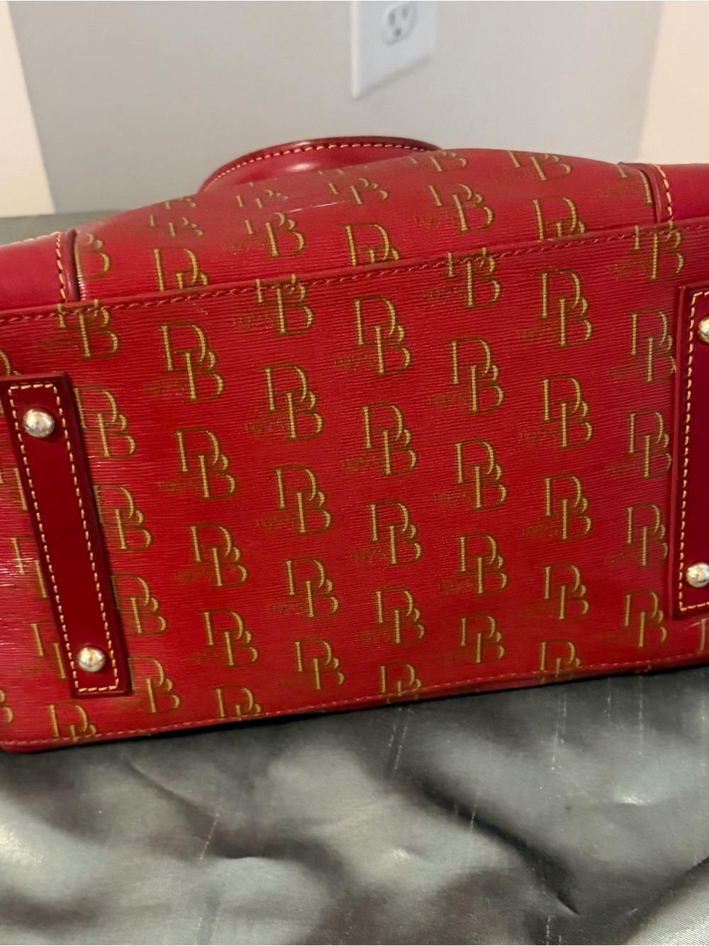 Dooney & Bourke Red Satchel with Gold Monogram Print